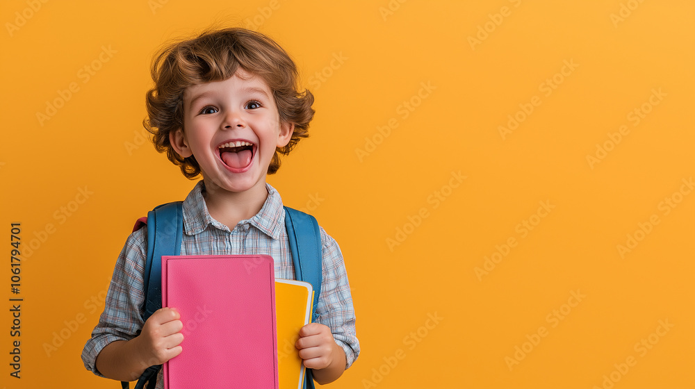 A joyful child in a neat school outfit, with a school backpack and a book in hand, standing in front of a solid, pastel-colored background. A joyful child in a neat school outfit, with a school backpack and a book in hand, standing in front of a solid, pastel-colored background.