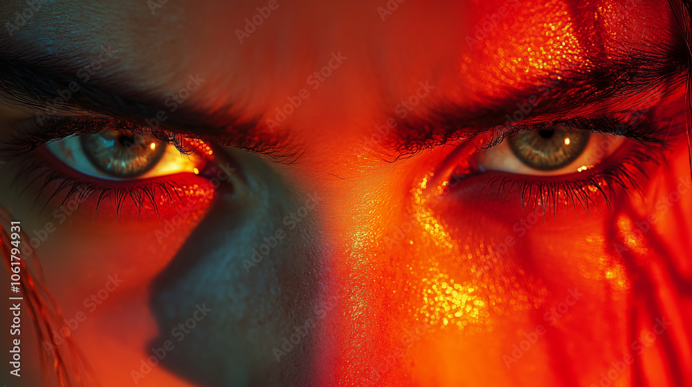 Intense close-up of eyes with dramatic red and blue lighting