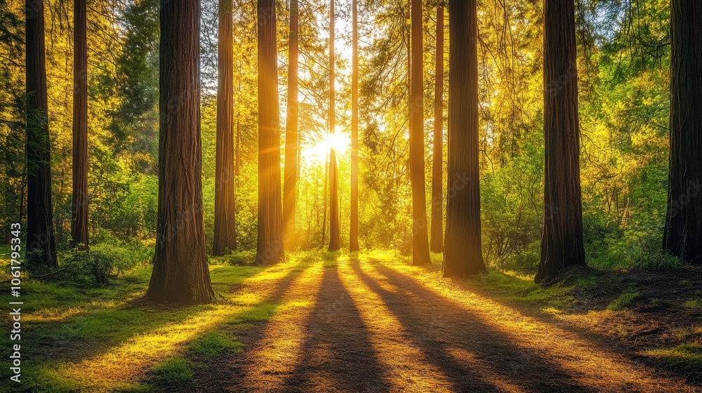 A serene twilight stroll through a tranquil redwood grove with soft golden sunlight streaming through tall trees A serene twilight stroll through a tranquil redwood grove with soft golden sunlight streaming through tall trees