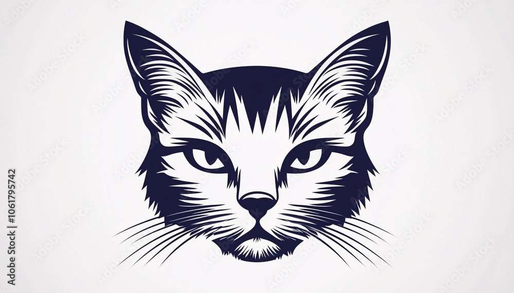 Obraz premium Symmetrical Minimalist Cat Icon with Emphasized Ears and Whiskers on Neutral Background
