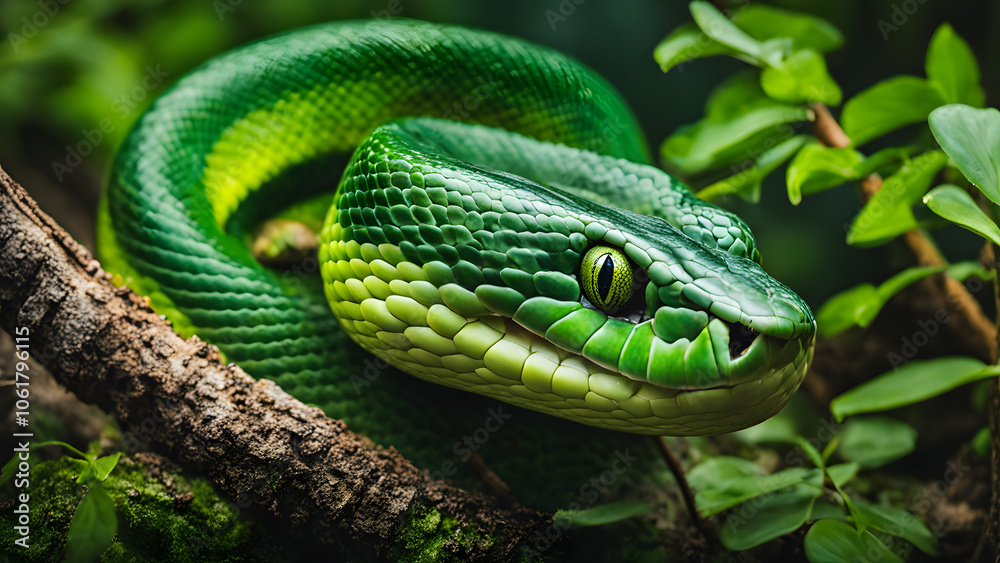 A green snake is curled up on a branch A green snake is curled up on a branch