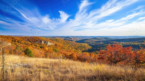 Breathtaking autumn landscape of the Ozark Mountains showcasing vibrant foliage and expansive skies