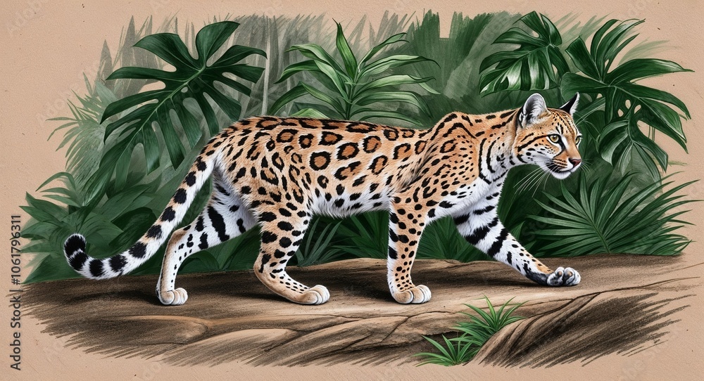 Obraz premium Ocelot prowling in jungle hand drawing