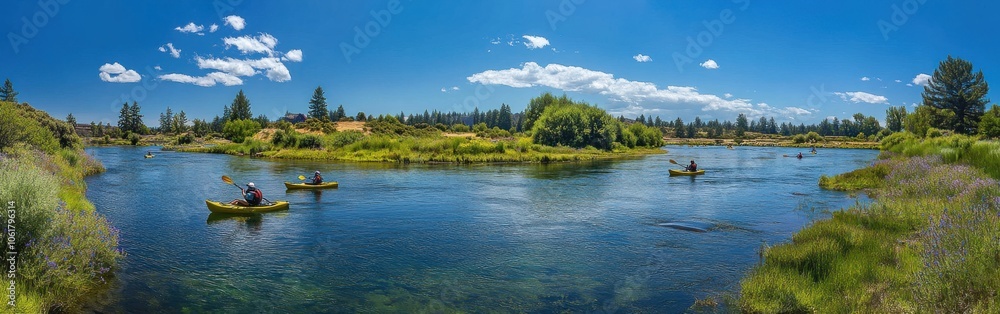 Enjoying a calm summer day kayaking on the Deschutes River surrounded by lush greenery and clear blue skies Enjoying a calm summer day kayaking on the Deschutes River surrounded by lush greenery and clear blue skies