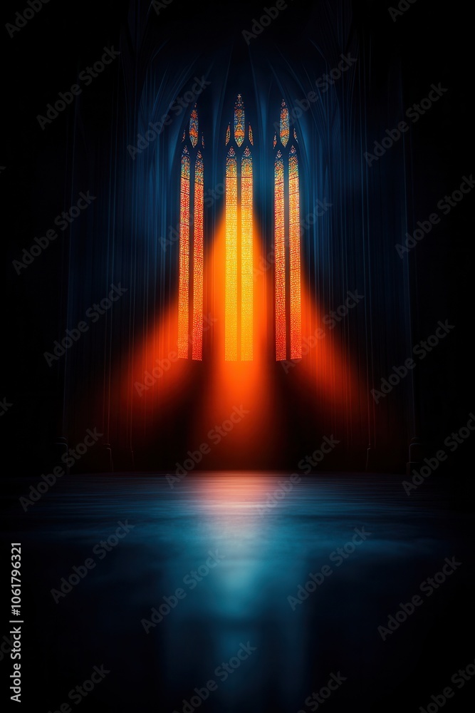 Illuminated stained glass windows in a darkened cathedral, creating a serene atmosphere. Illuminated stained glass windows in a darkened cathedral, creating a serene atmosphere.