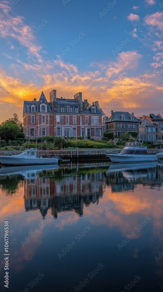 Fototapeta premium A breathtaking panorama of a historic seaside town at sunset with charming architecture and reflective waters