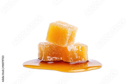 Explore the visual appeal of melting sugar cubes in syrup on white background photo