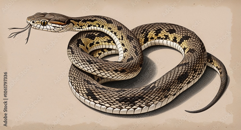 Fototapeta premium Rattlesnake coiled hand drawing