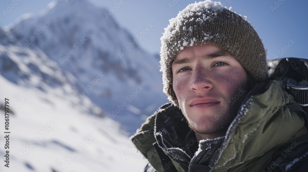 A man has snow covering his face, with a majestic mountain backdrop A man has snow covering his face, with a majestic mountain backdrop
