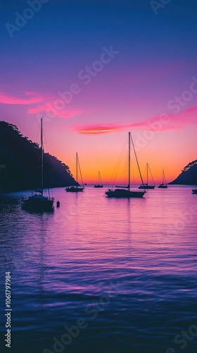 A tranquil twilight over a peaceful bay with sailing boats gently anchored, showcasing vibrant colors in the sky photo