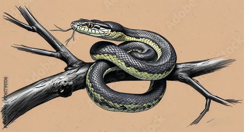 Snake coiled on a branch hand drawing