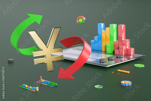 Yen or yuan symbol surrounded by two arrows, green up and red down, against abstract shapes and charts. 3D rendering. Finance concept, forex photo