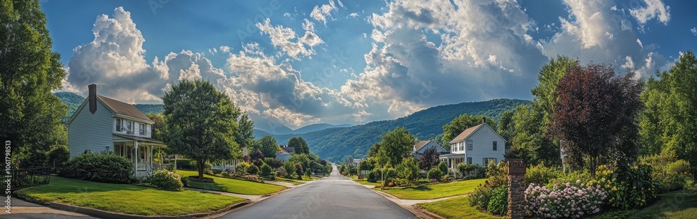 A peaceful afternoon in a quaint village with lush greenery and scenic mountains in the backdrop A peaceful afternoon in a quaint village with lush greenery and scenic mountains in the backdrop