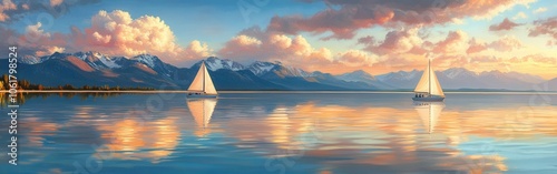 Sailing at sunset on the calm waters of Flathead Lake with mountains in the background