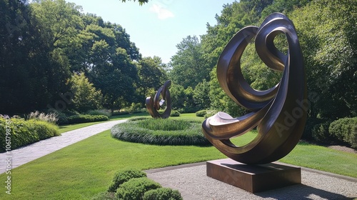 A tranquil garden featuring beautiful manicured lawns and abstract bronze sculptures under a clear blue sky photo