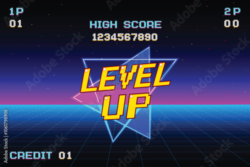 LEVEL UP. press start button. pixel art .8 bit game. retro game. for game assets .Retro Futurism Sci-Fi Background. glowing neon grid. and stars from vintage arcade computer games