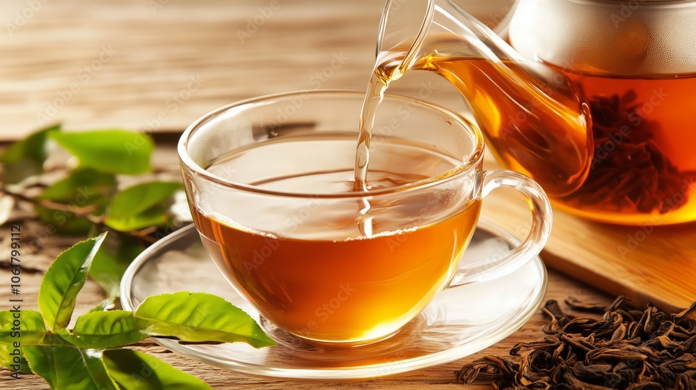 Tea is being poured from a teapot into a glass cup on a saucer Tea is being poured from a teapot into a glass cup on a saucer