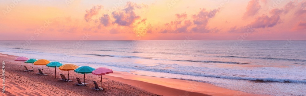 Obraz premium Serene sunrise at Outer Banks with colorful beach umbrellas and gentle waves lapping the shore
