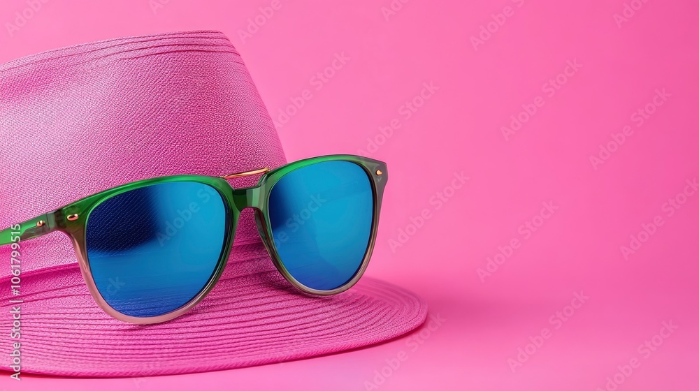 Pink Summer Hat and Blue Sunglasses on Pink Background Pink Summer Hat and Blue Sunglasses on Pink Background