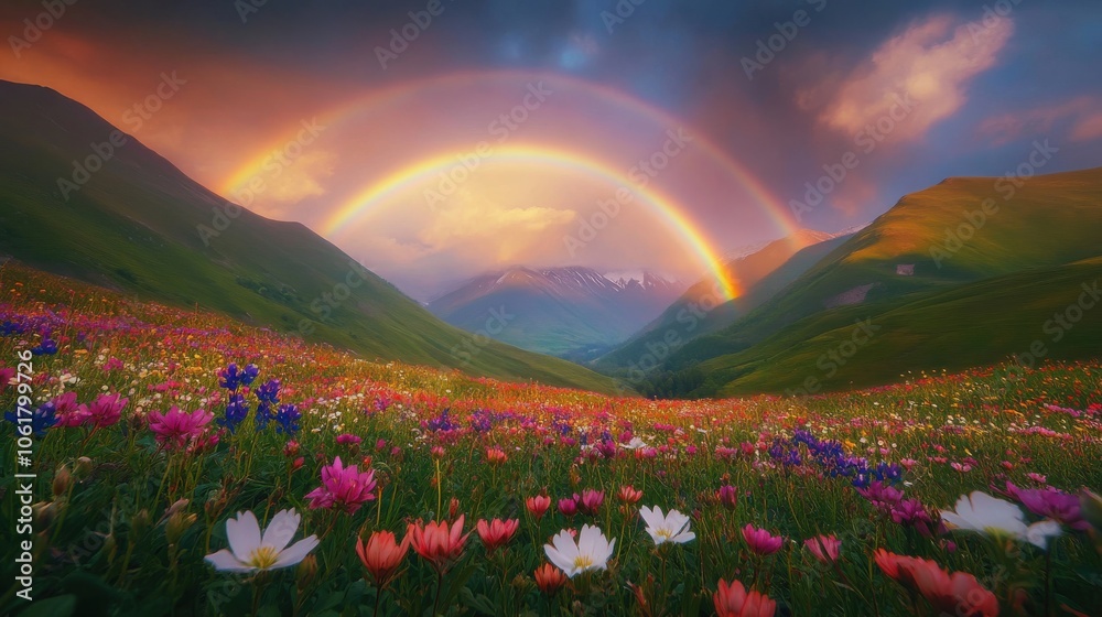 A vibrant rainbow arches gracefully over a blooming meadow after a summer rainstorm in a tranquil valley at sunset A vibrant rainbow arches gracefully over a blooming meadow after a summer rainstorm in a tranquil valley at sunset