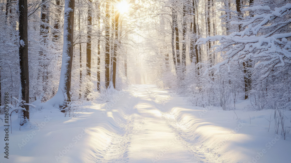 serene forest path blanketed in fresh snow, illuminated by soft sunlight filtering through trees, creating peaceful winter scene serene forest path blanketed in fresh snow, illuminated by soft sunlight filtering through trees, creating peaceful winter scene