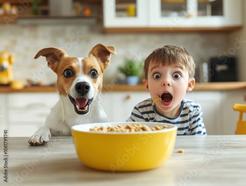 A cheerful dog and a surprised child eagerly eye a bowl of snacks in a bright kitchen during daytime photo