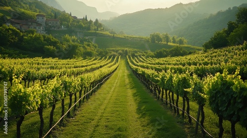 A serene morning in a vineyard surrounded by mountains and gently rolling hills