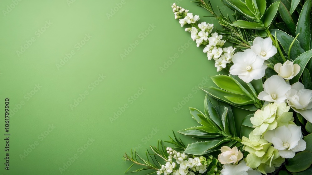 White Flowers and Green Leaves on Green Background White Flowers and Green Leaves on Green Background