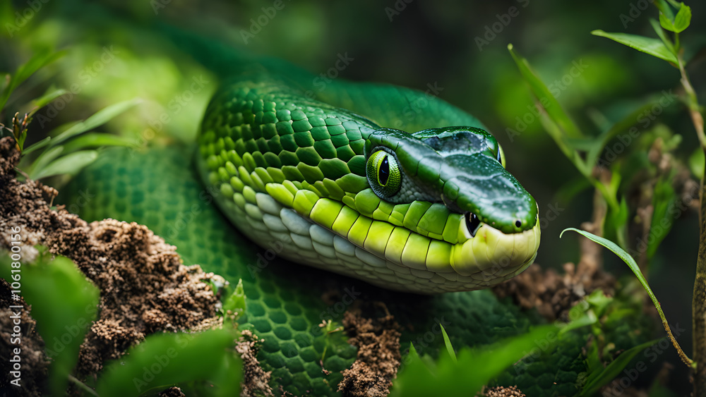 Obraz premium A green snake is on the ground in a grassy area