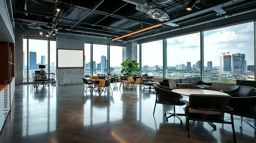 A trendy coworking office with open-plan seating, polished concrete floors, and a huge panoramic window showcasing a vibrant cityscape A trendy coworking office with open-plan seating, polished concrete floors, and a huge panoramic window showcasing a vibrant cityscape