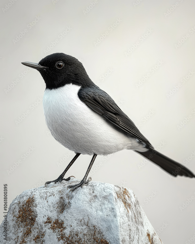 Black and white bird perched on a rock against a soft background. Black and white bird perched on a rock against a soft background.