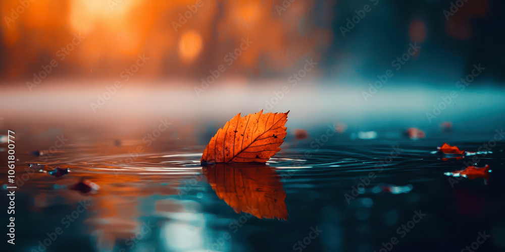 A leaf floating on the surface of a body of water A leaf floating on the surface of a body of water