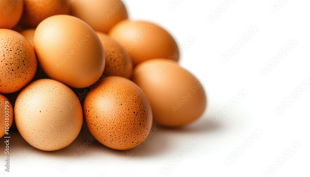 Fresh brown eggs stacked together on a white isolated background. Fresh brown eggs stacked together on a white isolated background.