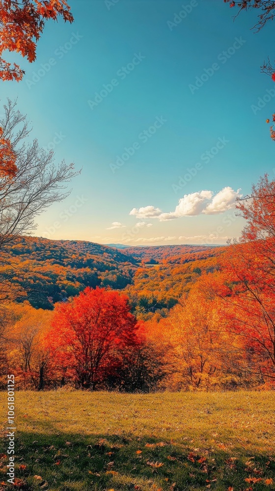 Fototapeta premium A vibrant display of autumn colors in a serene valley during a clear fall day