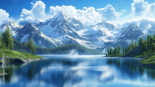 pristine alpine lake reflects majestic snow capped mountains under bright blue sky. Lush greenery surrounds tranquil water, creating serene and picturesque landscape