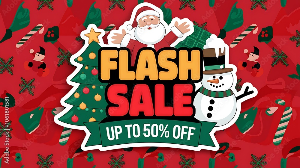 Christmas Flash Sale with Santa, Snowman, and Decorated Tree Christmas Flash Sale with Santa, Snowman, and Decorated Tree