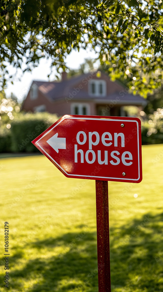Red open house sign pointing towards a property on a sunny day with a green lawn Red open house sign pointing towards a property on a sunny day with a green lawn