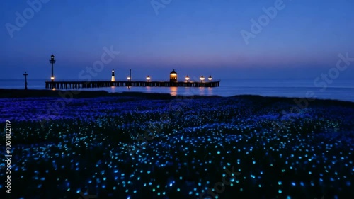 Pier with glowing bioluminescent field under twilight sky. Landscape concept photo