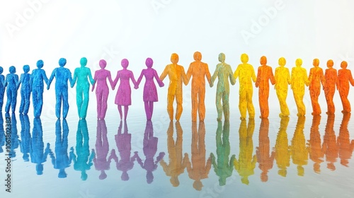 Colorful People Holding Hands in a Line with Reflections