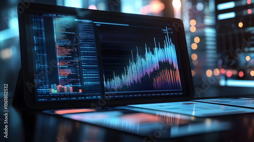 Digital financial graph displayed on a tablet alongside printed quarterly reports, showing a comparative analysis of business growth Stock Photo with side copy space photo