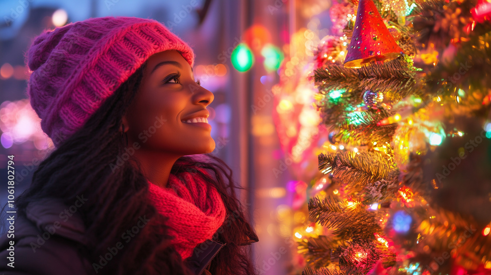 Smiling Woman Looking at Christmas Lights Display on City Street Smiling Woman Looking at Christmas Lights Display on City Street