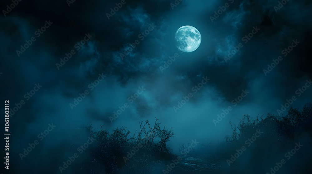 Fototapeta premium Full moon illuminating a dark, cloudy night sky with dense blue fog. Halloween background , nighttime ambiance, lunar light concept, gothic aesthetic, eerie atmosphere.