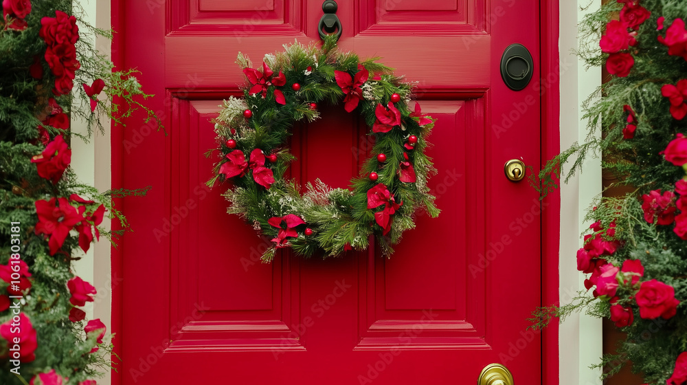 New Year's Wreath on Red Door with Small Windows New Year's Wreath on Red Door with Small Windows