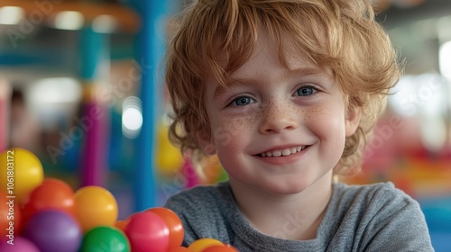 Happy Little Boy with Red Hair and Freckles Smiling at the Camera