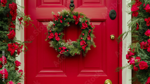 New Year's Wreath on Red Door with Small Windows