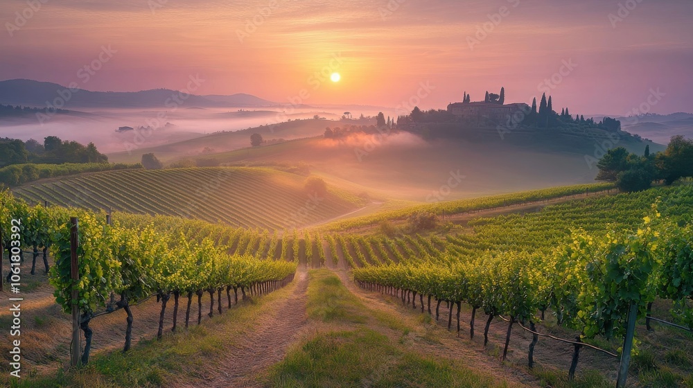 Fototapeta premium A serene Italian vineyard at dawn with rows of vines and mist under a golden sunrise