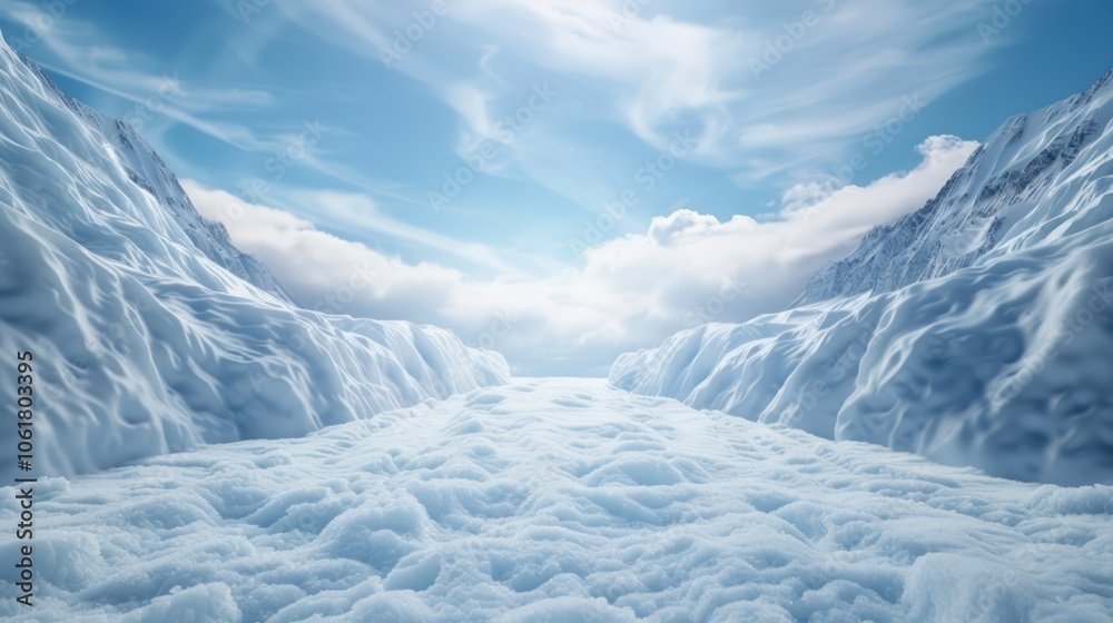 A serene landscape showcasing icy mountains with a cloud-filled sky and a vast expanse of fluffy snow beneath. A serene landscape showcasing icy mountains with a cloud-filled sky and a vast expanse of fluffy snow beneath.