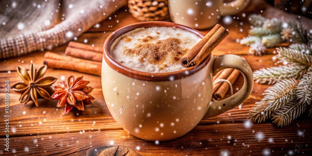 A mug of warm beverage with cinnamon sticks and star anise, a cozy winter scene with falling snow on a wooden table. A mug of warm beverage with cinnamon sticks and star anise, a cozy winter scene with falling snow on a wooden table.
