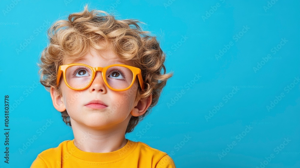 Curious Boy Looking Up with Yellow Glasses Curious Boy Looking Up with Yellow Glasses