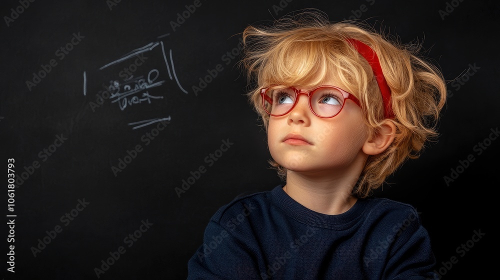 Young girl with red glasses looking up thoughtfully Young girl with red glasses looking up thoughtfully